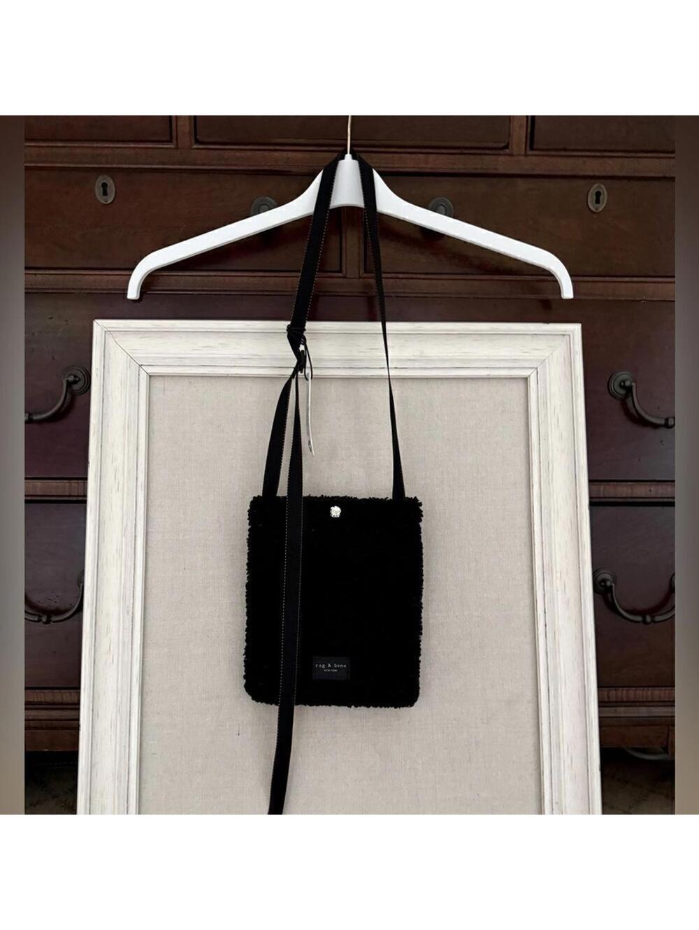Rag and Bone black teddy bear fur phone pouch crossbody